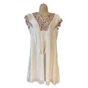 Indigo Rose Boho Woven Peasant Mini Dress Ivory Floral Trim Flutter Sleeve 1X